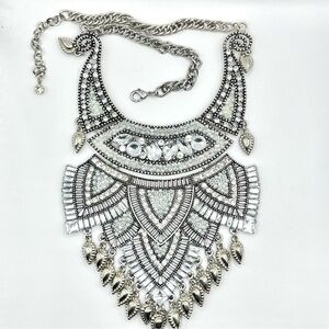 Silver Crystal Bib Statement Necklace